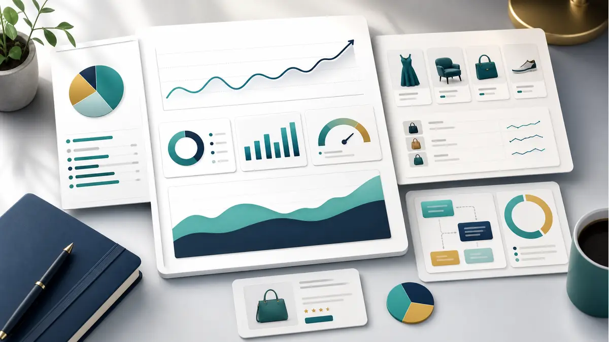 Monthly ecommerce SEO report with product performance, CTR charts, revenue graphs, and category data