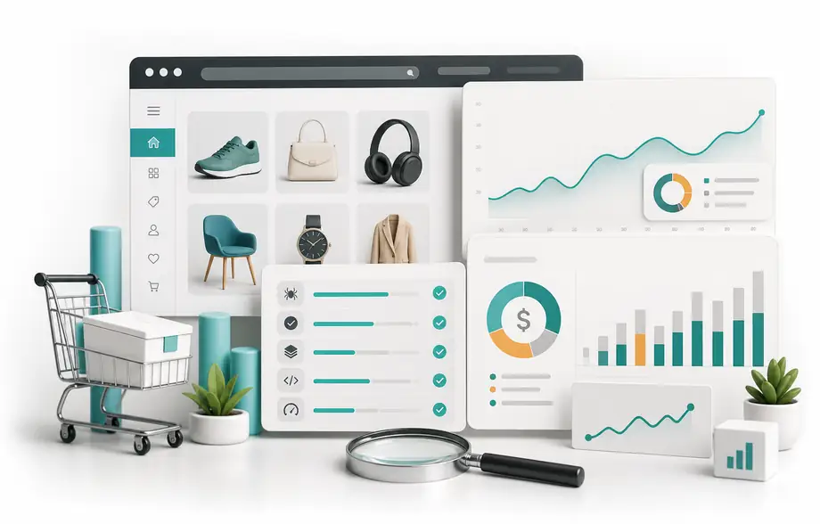 Ecommerce SEO services visual with product optimization, technical audit, and revenue analytics