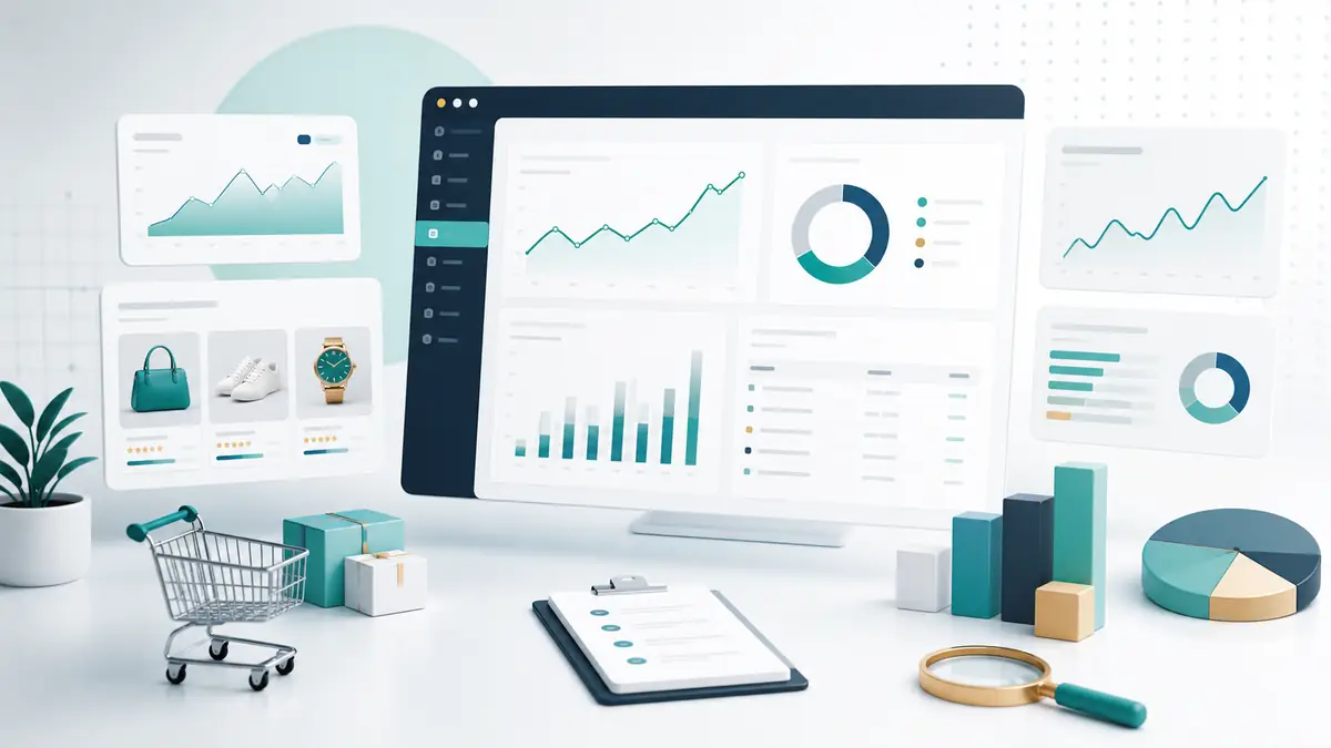 Ecommerce SEO analytics dashboard showing organic clicks, revenue, product cards, and reporting charts
