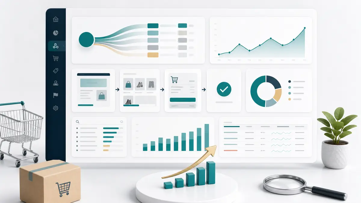 GA4-style ecommerce SEO dashboard showing organic landing pages, conversion events, revenue, and search data