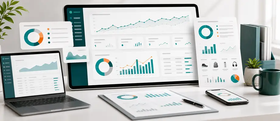 SEO analytics and reporting visual showing ecommerce revenue attribution, organic dashboards, and product performance reports