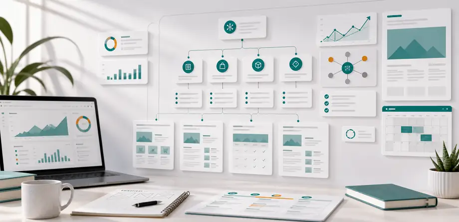 Ecommerce content strategy visual showing topic clusters, category content, buying guides, and internal linking