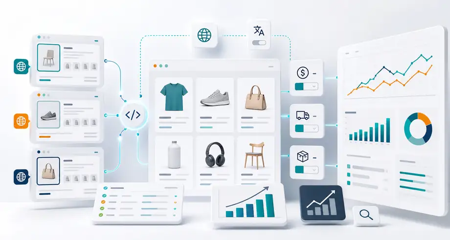 International ecommerce SEO visual showing hreflang connections, localized product catalogs, and multi-region growth analytics