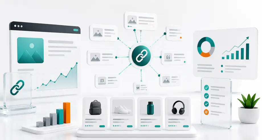 Ecommerce link building visual showing digital PR, authority signals, backlink network, and organic growth