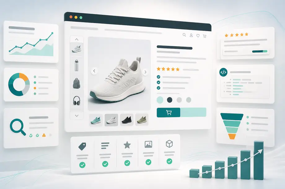 Product page SEO visual showing product detail optimization, structured data, reviews, and conversion growth