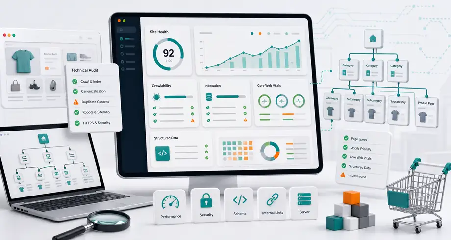 Technical SEO for ecommerce dashboard showing crawl paths, indexation, Core Web Vitals, and schema signals